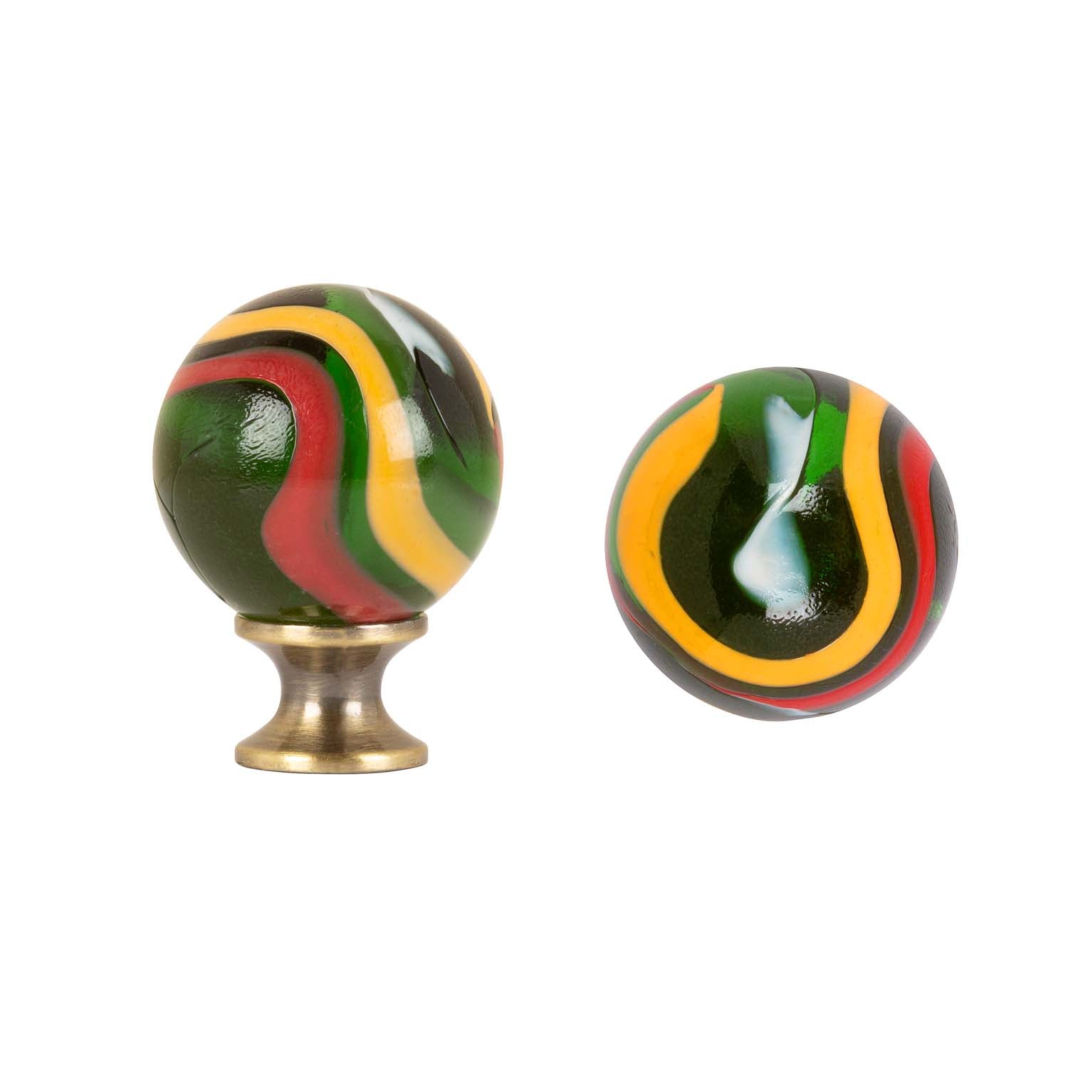 Cabinet Knobs - Spherical Glass- Green Glass with Red & Yellow Swirls